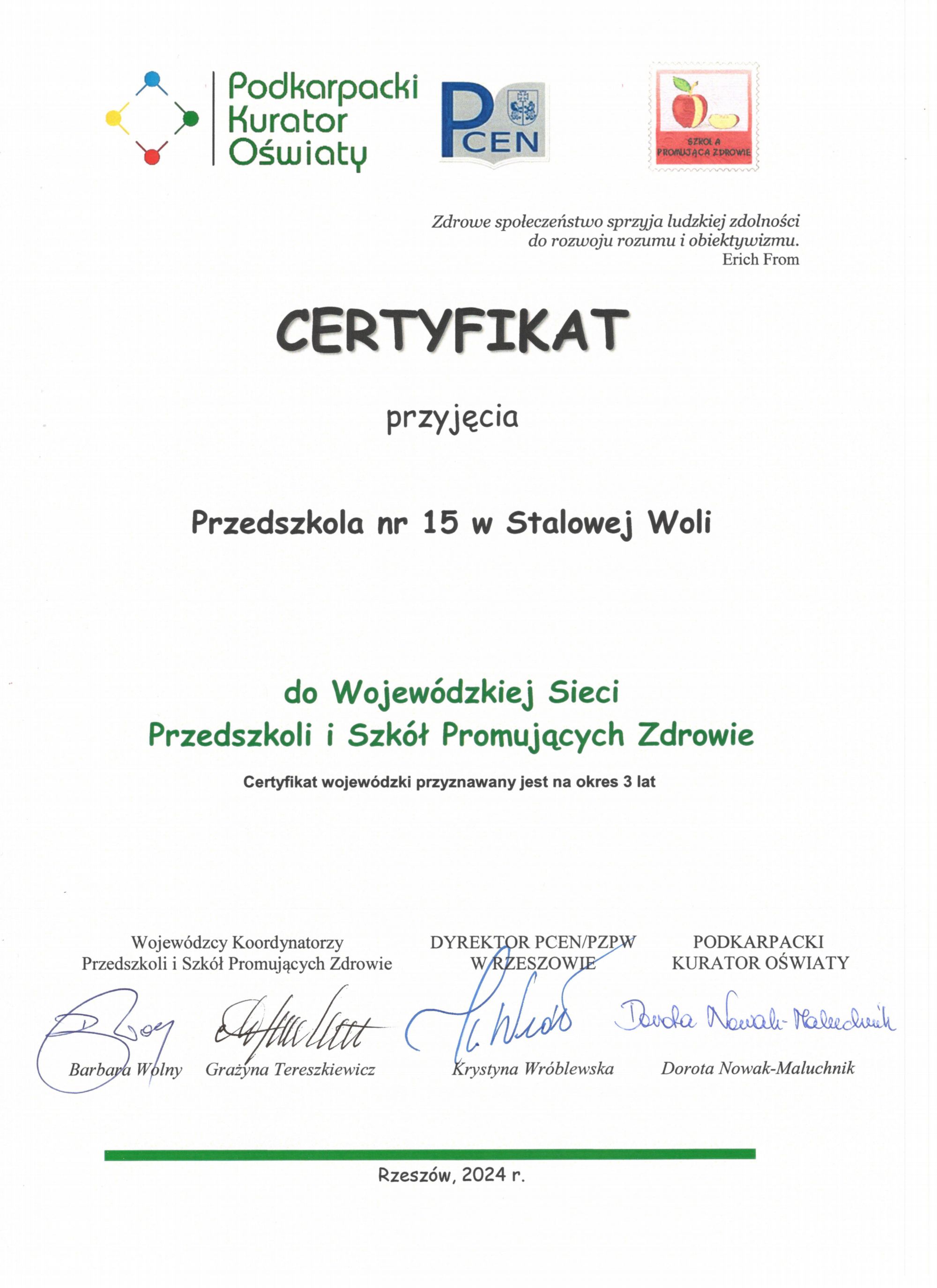 Certyfikat Przedszkola Promującego Zdrowie